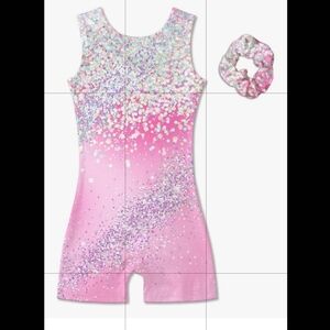 Gymnastic Leotard Shine Pink Sparkly Leotard Biketard with Scrunchie Size 10